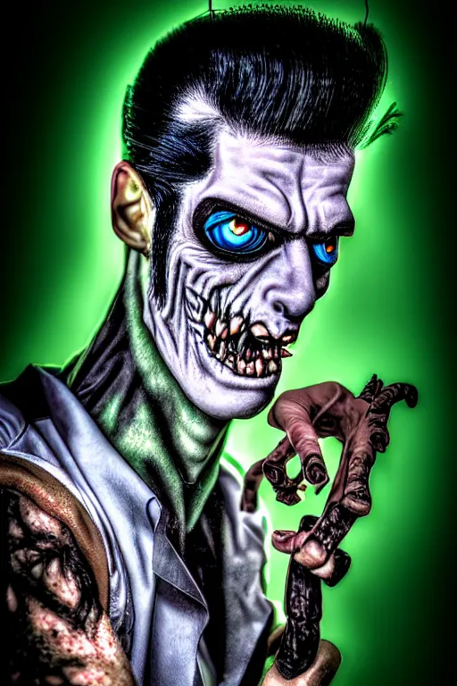 Image similar to Portrait of a young man as a rockabilly Frankenstein's Monster. Rock star Frankenstein. Green-skinned man with blue eyes and striking features. Modeling photography, mood lighting, detailed