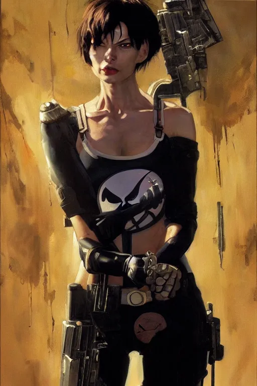 Prompt: very beautiful oil painting of the punisher as aeon flux by peter chung + loish + rembrandt + anne leibovitz + moebius + craig mullins + margaret keane, detailed, symmetrical,