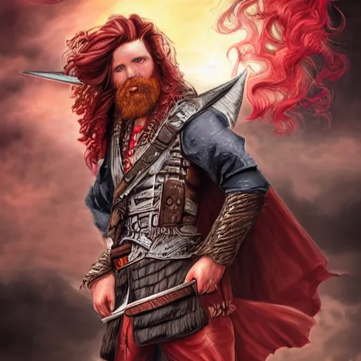 Image similar to an epic fantasy comic book style portrait painting of a long haired, red headed male sky - pirate in front of an airship