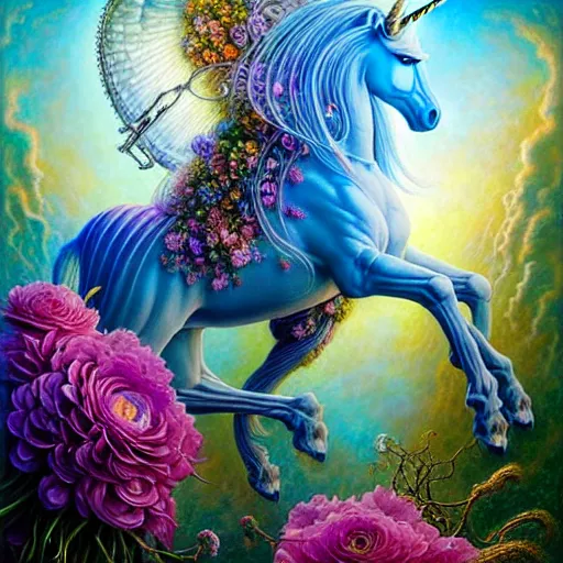 Prompt: A beautiful detailed unicorn, tarot card, by tomasz alen kopera and Justin Gerard and a bouquet of ethereal big colorful transparent entangled flowers on the background, direct sunlight, glowing, vivid, detailed painting, Houdini algorhitmic pattern, by Ross Tran, WLOP, artgerm and James Jean, masterpiece, award winning painting