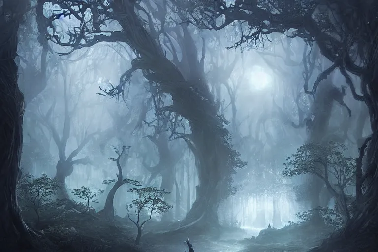 Image similar to an old elven wood, a view to an eerie fantasy world, portal to new york city in the center, ethereal back light, mist, coherent composition, detailed fantasy painting by yuumei