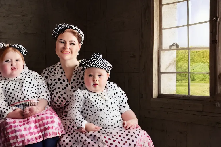 Prompt: charming and chubby family, wearing a polka dot cloths and a victorian - style hairdo on her head, sits in the large and bright studio. sunlight enters through the barred window. very realistic shiny skin. subsurface scattering shiny skin. beautiful lighting, 4 k post - processing, highly detailed, 5 k extremely detailed, 3 d. cinematic scene.