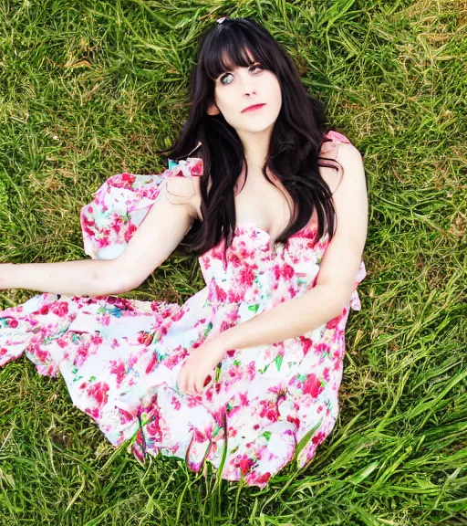 Prompt: zooey channel laying in the grass, flower dress, big bust, cute aesthetic, summer