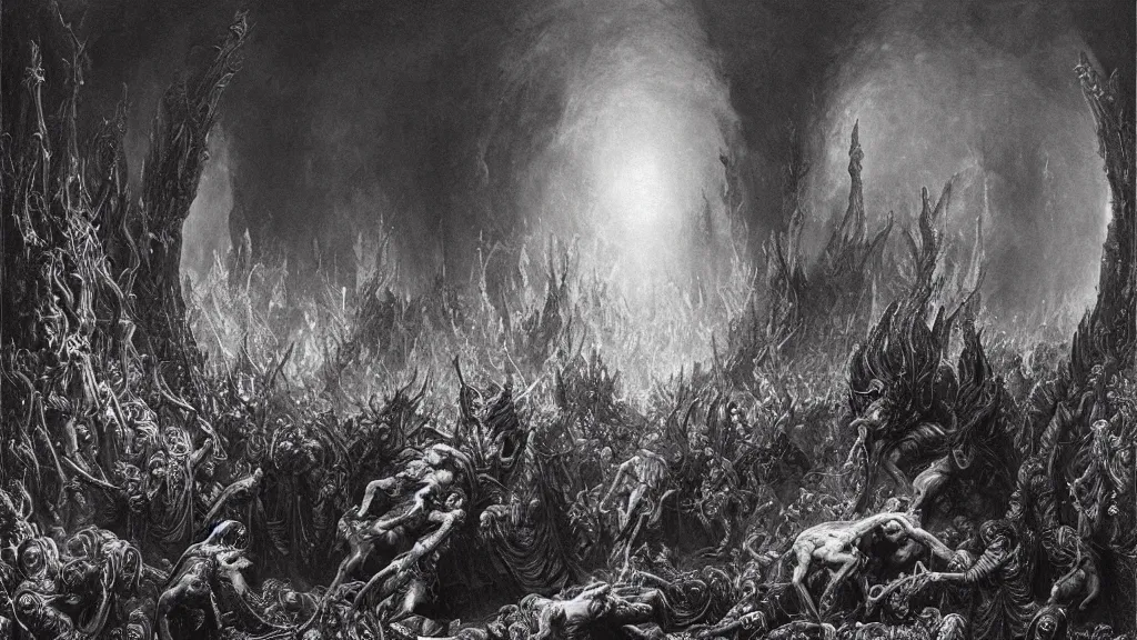 Image similar to satans fall from paradise into hell by gustave dore, james ryman, wayne barlowe. deep rich color