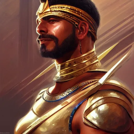 Image similar to egyptian warrior, steve toussaint, portrait, headshot, D&D, fantasy, highly detailed, digital painting, artstation, concept art, sharp focus, illustration, art by artgerm and greg rutkowski and alphonse mucha