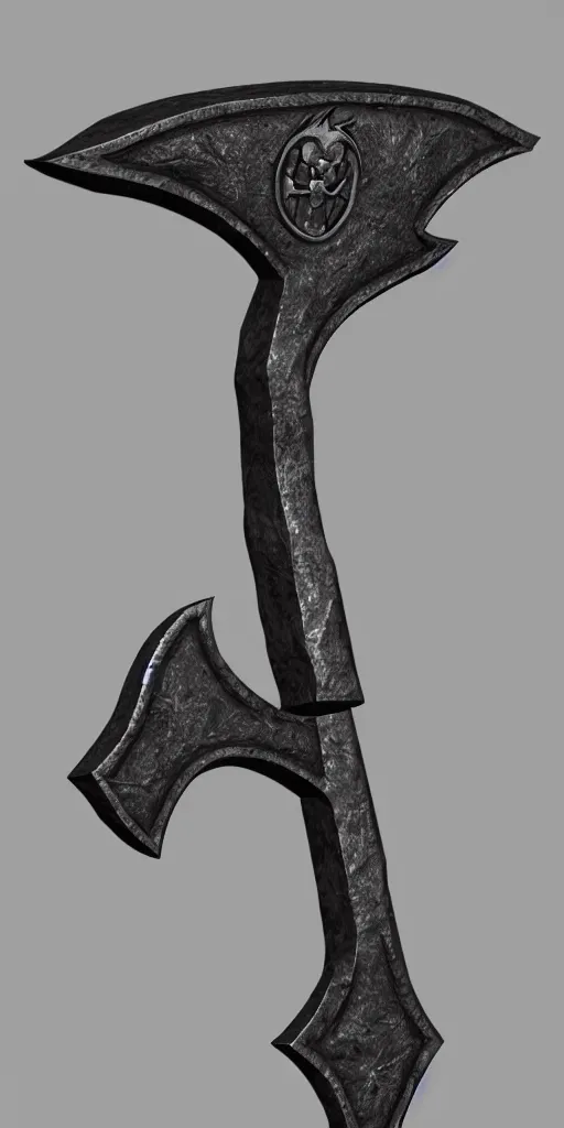 Image similar to a black and silver axe skull crest, ornament, dwrven weapon, by dom qwek, trending on polycount, artstation, hard surface modeling