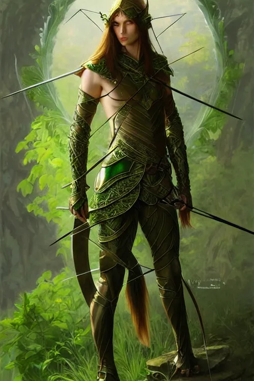 Image similar to male elven Archer armor made of green leaves, fantasy, amber eyes, face, long hair, intricate, elegant, highly detailed, digital painting, artstation, concept art, smooth, sharp focus, illustration, art by artgerm and greg rutkowski and alphonse mucha