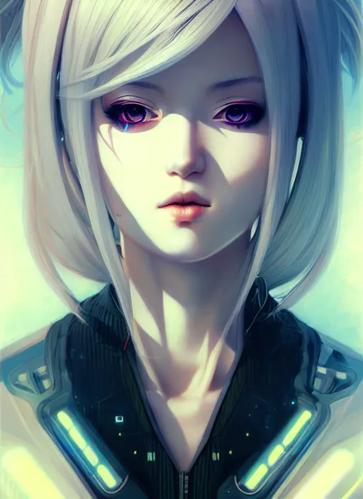 Image similar to portrait Anime girl cyberpunk, cute-fine-face, white-hair pretty face, realistic shaded Perfect face, fine details. Anime, cyberpunk. realistic shaded lighting by Ilya Kuvshinov and Gustav Klimt