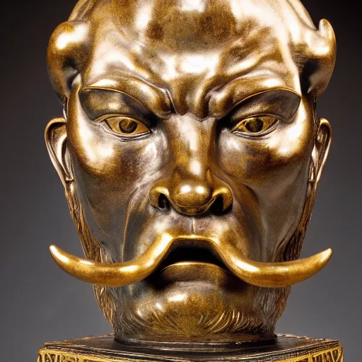 Image similar to professional color photograph of a patinated bronze portrait bust of an angry bull supported by a bronze plinth, by Auguste Rodin