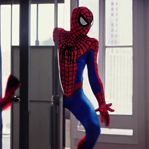 Image similar to Zendaya wearing Spiderman costume in American Psycho (1999)