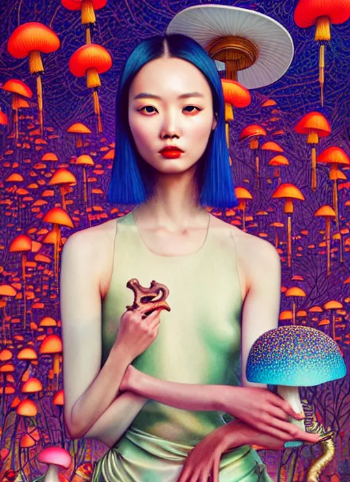 Image similar to pretty chinese model with futuristic mushroom : : by martine johanna and simon stalenhag and chie yoshii and casey weldon and wlop : : ornate, dynamic, particulate, rich colors, intricate, elegant, highly detailed, vogue, harper's bazaar art, fashion magazine, smooth, sharp focus, 8 k, octane render,