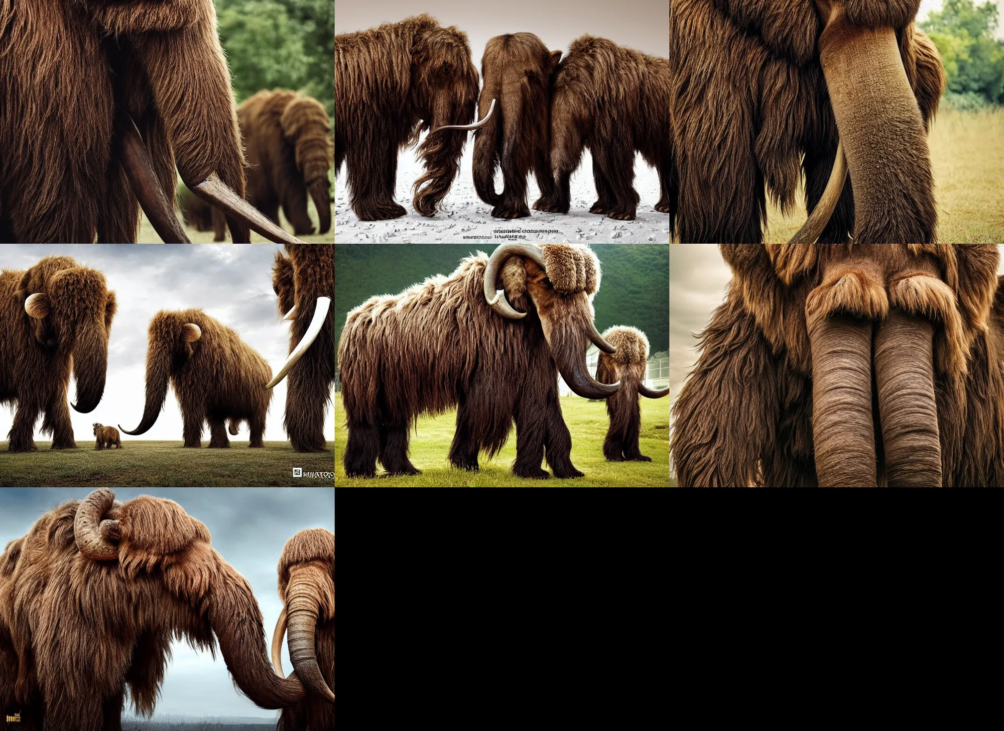 Prompt: award winning photo of a very wooly brown hairy mammoth, mastodon, mammoth, two tusks, detailed fur, zoo photography, National Geographic, HD,
