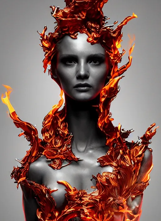 Image similar to sculpture made of flame, portrait, female, future, torch, fire, harper's bazaar, vogue, fashion magazine, intricate, concept art, close up, ornate, luxury, elite, elegant, trending on artstation, by ruan jia, by Kenneth Willardt, by ross tran, by WLOP, by Andrei Riabovitchev,