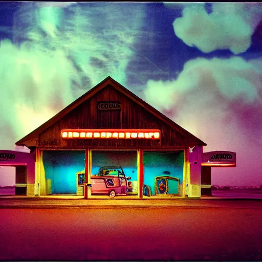 Prompt: dreamlike film photography of a 1920s wooden gas station at night underwater in front of colourful underwater clouds by Kim Keever. In the foreground floats a seasnake. low shutter speed, 35mm