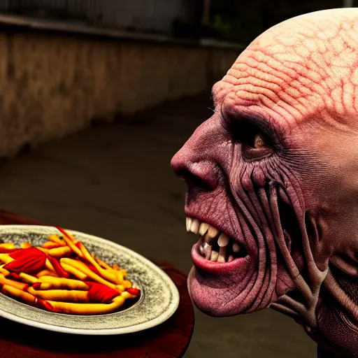 Prompt: photograph of a man with a skinless head begging for food, 8k resolution, high detail, ULTRA REALISTIC VFX, reflections