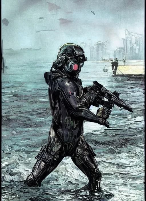 Prompt: bruce wayne. USN blackops operator emerging from water at the shoreline. Operator wearing Futuristic cyberpunk tactical wetsuit and looking at an abandoned shipyard. Frogtrooper. rb6s, MGS, and splinter cell Concept art by James Gurney, Alphonso Mucha. Vivid color scheme.