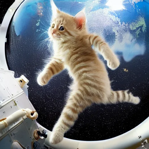 Image similar to 3D realistic action sequence of an astronaut ((cream colored maine coon kitten)) floating next to the James Webb Telescope in outer space, an unopened bag of kitty litter floats nearby, in the background friendly cute cute cute alien spacecraft