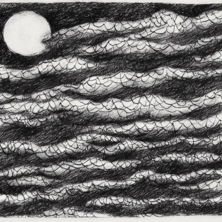 Prompt: pen and ink drawing of foggy night sky, crosshatching, edward gorey, hatches