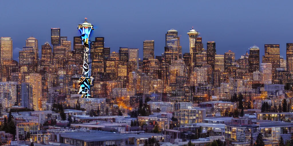 Image similar to downtown Seattle at night, including The Space Needle, 4k, by VanGogh