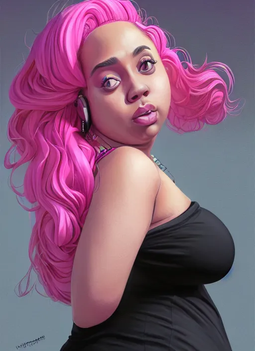 Image similar to full body portrait, teenage vanessa morgan, pink hair, obese, curly pixie hair, sultry, realistic, short hair, hoop earrings, skirt, shirt, fat, belly, black girl, intricate, elegant, highly detailed, digital painting, artstation, concept art, smooth, sharp focus, illustration, art by wlop, mars ravelo and greg rutkowski