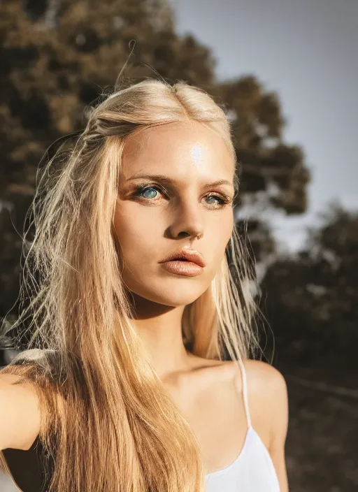 Image similar to stylistic photograph of an olive skinned blonde female model in her twenties, her hair pinned up, wearing a designer top, looking content, focused on her neck, photo realistic, extreme detail skin, natural beauty, no filter, slr, golden hour, 4 k, high definition, selfie