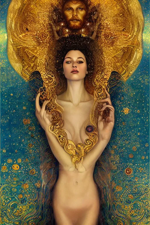 Prompt: Visions of Paradise by Karol Bak, Jean Deville, Gustav Klimt, and Vincent Van Gogh, visionary, ethereal saint portrait, otherworldly, dreamscape, radiant halo, fractal structures, infinite wings, ornate gilded medieval icon, third eye, spirals, heavenly spiraling clouds with godrays, airy colors