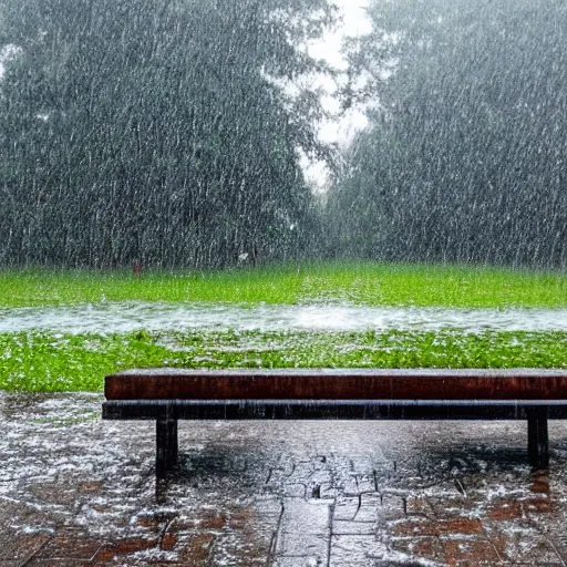 Prompt: image of a large bench in the rain, the bench being the main focus, facing at the camera, 1 6 k resolution, raining, trees in the background, mid - winter, slightly zoomed out