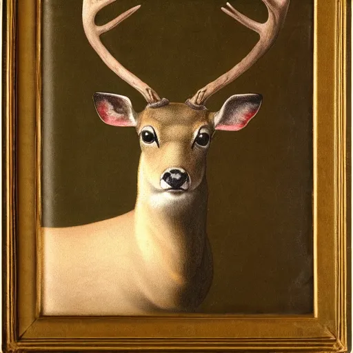 Prompt: renaissance style portrait of an european fallow deer wearing a crown and a cape, dark background