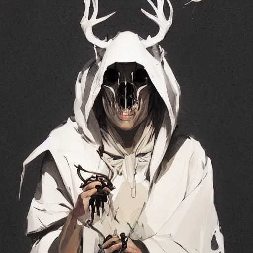 Prompt: portrait of a character wearing a black cloak, with a white deer skull mask, dramatic lighting, illustration by Greg rutkowski, yoji shinkawa, 4k, digital art, concept art, trending on artstation