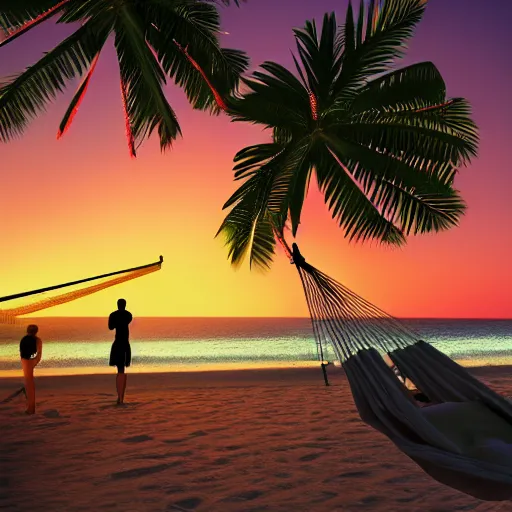 Image similar to Stable diffusion robot relaxing in a hammock between two palm trees, beautiful beach and sunset, while inpatient users try to contact it on a laptop that's standing to the side. Digital art, octane render, 4k, 8k, 56k dialup