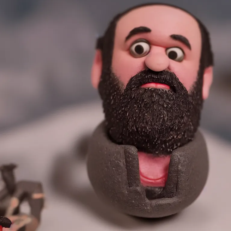 Image similar to a cinematic film still of a claymation stop motion film starring tom segura, shallow depth of field, 8 0 mm, f 1. 8