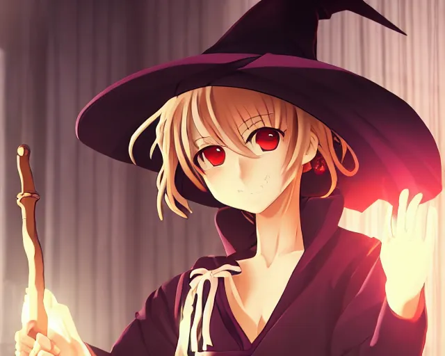 Prompt: key anime visual portrait of a young robed female witch holding a staff in a tavern interior, dynamic pose, dynamic perspective, cinematic, dramatic lighting, muted colors, fine detail, textured