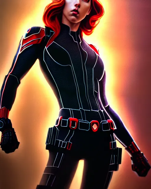 Image similar to hyperrealistic mixed media painting of Black Widow, marvel, heroic pose, stunning 3d render inspired art by P. Craig Russell and Barry Windsor-Smith + perfect facial symmetry + dim volumetric lighting, 8k octane beautifully detailed render, post-processing, extremely hyperdetailed, intricate, epic composition, grim yet sparkling atmosphere, cinematic lighting + masterpiece, trending on artstation, very very detailed, masterpiece, stunning