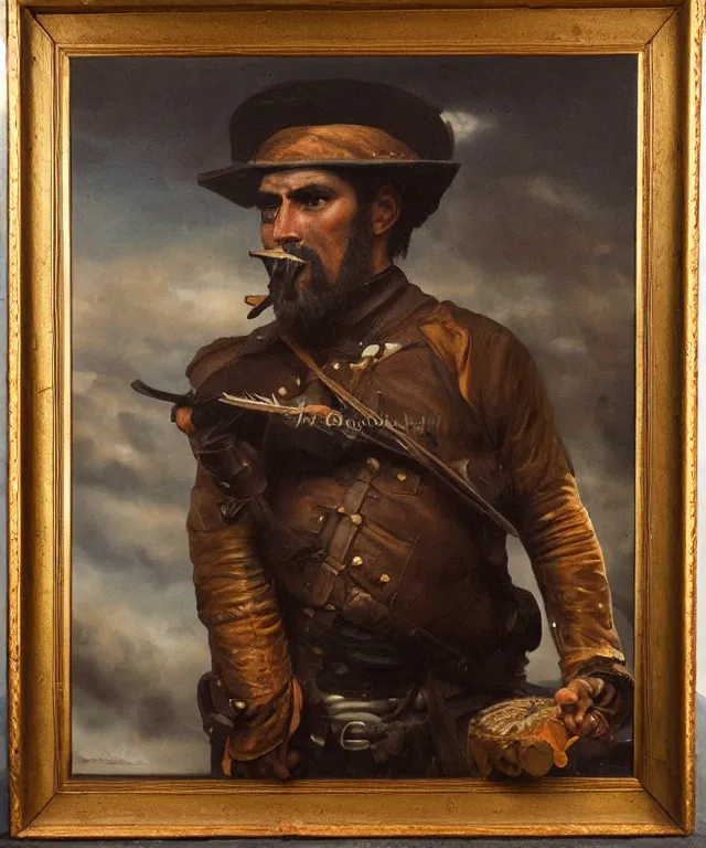 Image similar to ultra realistic color portrait painting of a spanish bandolero 1 9 th century with a trabuco, dark, painted, brooding, atmospheric, landscape, smooth, epic, highly detailed, cinematic