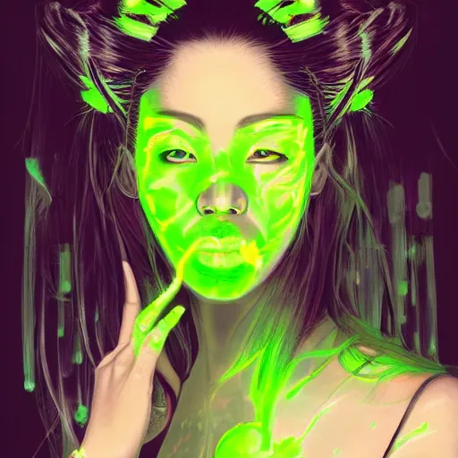 Image similar to clear portrait of japanese zombie geisha with neon green acid leaking from side of her mouth, background hyper detailed, character concept, full body, dynamic pose, glowing lights, intricate, elegant, highly detailed, digital painting, artstation, concept art, smooth, sharp focus, illustration, art by artgerm and greg rutkowski and alphonse mucha