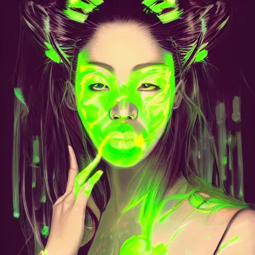 Prompt: clear portrait of japanese zombie geisha with neon green acid leaking from side of her mouth, background hyper detailed, character concept, full body, dynamic pose, glowing lights, intricate, elegant, highly detailed, digital painting, artstation, concept art, smooth, sharp focus, illustration, art by artgerm and greg rutkowski and alphonse mucha