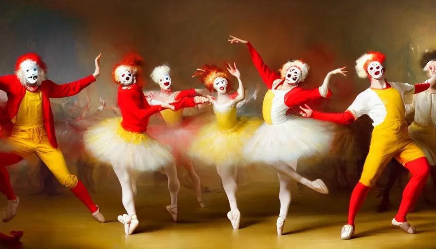 Image similar to highly detailed painting of a group of ronald mcdonalds with red afros, white facepaint, red noses and yellow tracksuits dancing at the ballet by william turner, by greg rutkowski, by william constable, thick brush strokes and visible paint layers, 4 k resolution