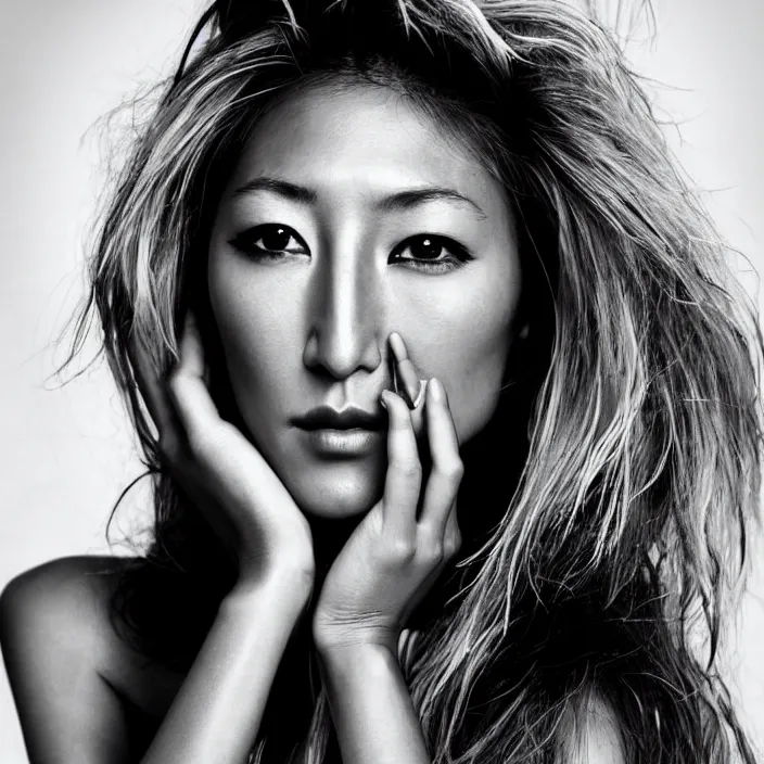 Image similar to young beautiful woman dichen lachman, gorgeous face, black and white photography, high fashion, full - body, 8 k,, ultra sharp focus, art by richard avedon, hellmut newton, victoria siemer, kirsty mitchell, laura zalenga