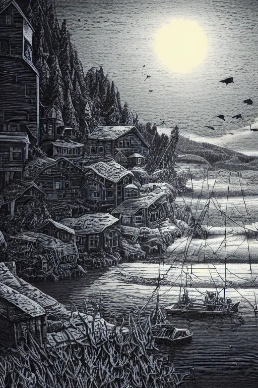 Prompt: a beautiful wood engraving on paper, art by david witbeck, of a fishing village, 8 k, frostbite 3 engine, cryengine, dof, trending on artstation, digital art, crepuscular ray