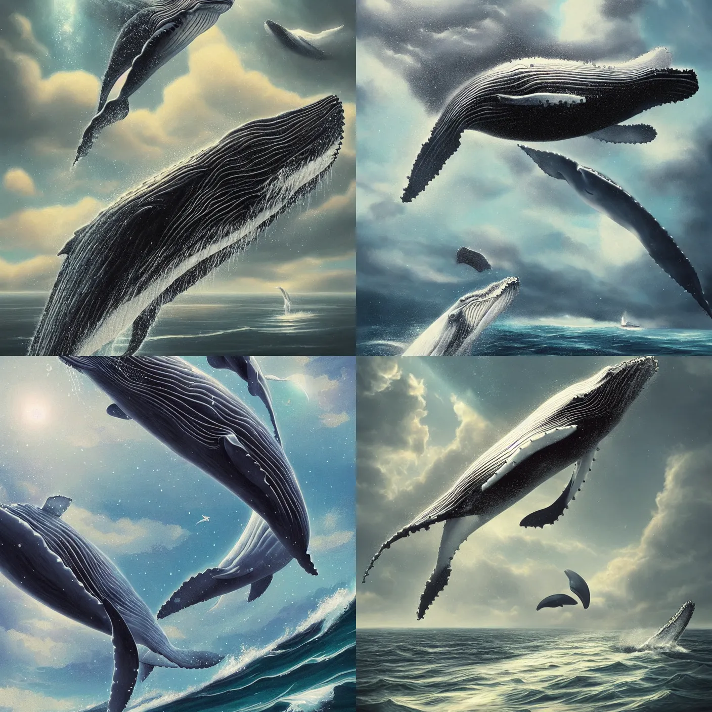 Prompt: detailed, sharp, humpback whale flying in a clear sky by Anna Dittmannand, digital art. surreal. trending on artstation, HD, 8K, highly detailed, good lighting. beautiful. epic.