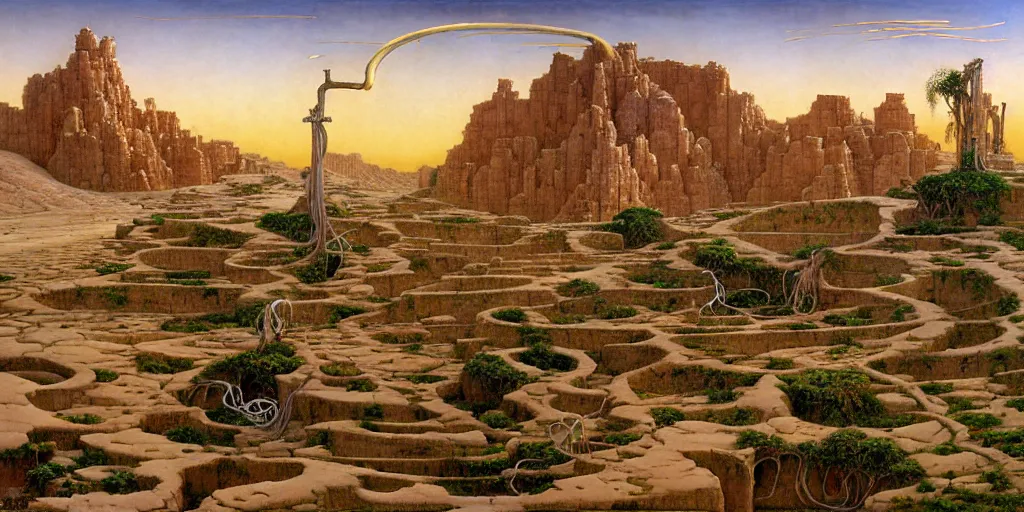 Image similar to the oasis - hamlet of joppa along the far rim of the great salt desert. farmers tend to groves. jungles strangle chrome steeples and rusted archways. beyond the fabled spindle rises above the fray and pierces the cloud - ribboned sky. art by james christensen and noriyoshi ohrai