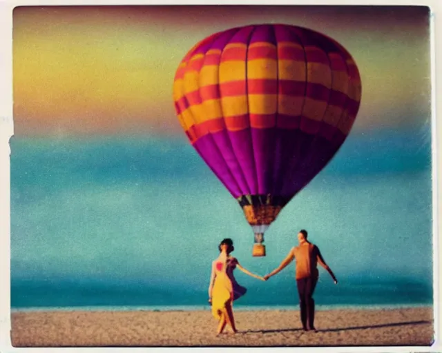 Prompt: a couple walks on the beach, multicolored hot air balloons floats over the beach at violet and yellow sunset, whimsical and psychedelic art style, 1 9 6 0 s, polaroid photo, grainy, expired film