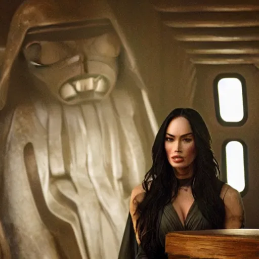 Prompt: Still of Megan Fox on the Jedi Council, Star Wars. Cinematic Lighting, beautiful composition, 8K resolution