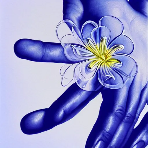 Image similar to close - up of a woman's hand holding a transparent flower, blue sky art by peter lloyd, 1 9 8 0's art, airbrush style, art by hajime sorayama,, intricate, elegant, sharp focus, illustration, highly detailed, h 8 0 0