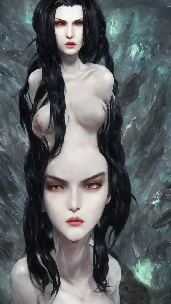 Image similar to tall woman with black hair and pale skin, from league of legends, as human, au naturel, hyper detailed, digital art, trending in artstation, cinematic lighting, studio quality, smooth render, unreal engine 5 rendered, octane rendered, art style by klimt and nixeu and ian sprigger and wlop and krenz cushart!