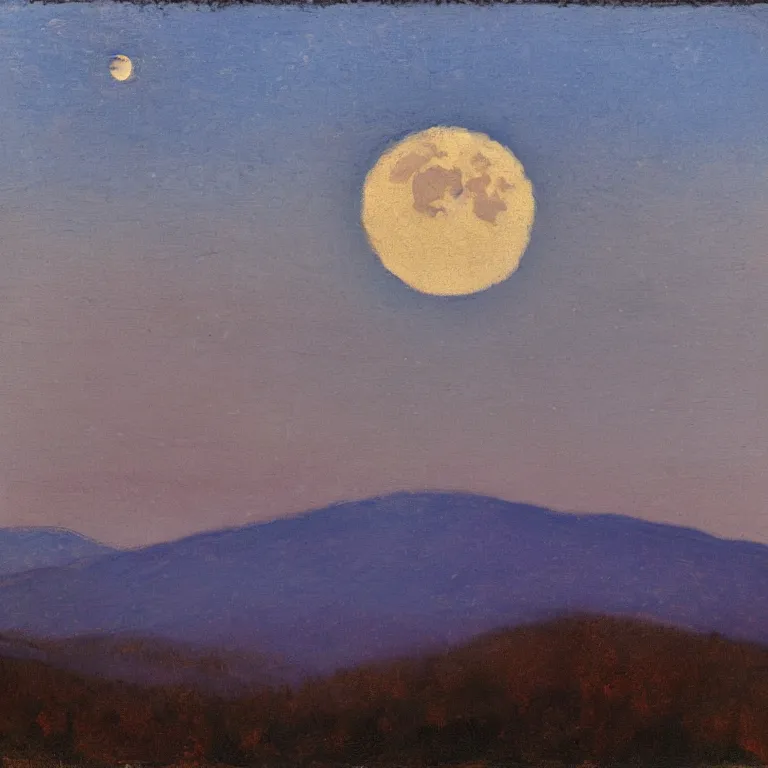 Image similar to new hampshire mountains, pale supermoon, clear sky, twilight, abbott handerson thayer, glaze oil painting, blue palette