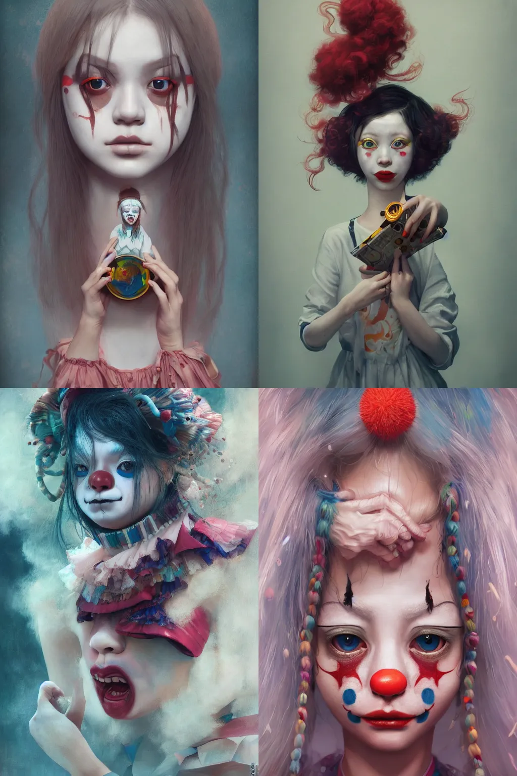 Image similar to breathtaking detailed painting of clown girl , with anxious, piercing eyes, Atari game cover art by Hsiao-Ron Cheng, James jean, Miho Hirano, Hayao Miyazaki, extremely moody lighting, hyperrealistic, octane render, RPG portrait, ambient light, dynamic lighting