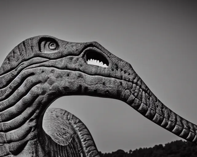 Image similar to hyper realistic vintage photograph of a real dinosaur, ultra detailed, grain, old, monochrome, sepia toned, realistic lighting, wide angle