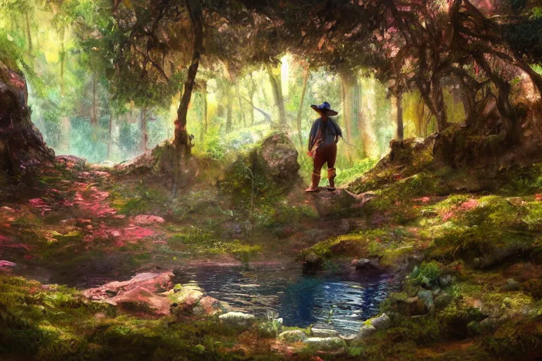 Prompt: a man finding a colorful hotspring deep in the forest, oil painting, highly detailed, medieval fantasy, featured on artstation