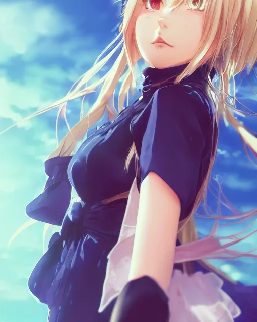 Prompt: Alice by Andrew Khok and Mitsu Art and Aniplex, Alicization, flowing blonde hair, anime, symmetrical face, blue eyes, elegant, sunset, trending on artstation, artstationHD, artstationHQ, patreon, 4k, 8k, unreal engine, exquisite detail, sharp focus, beautiful